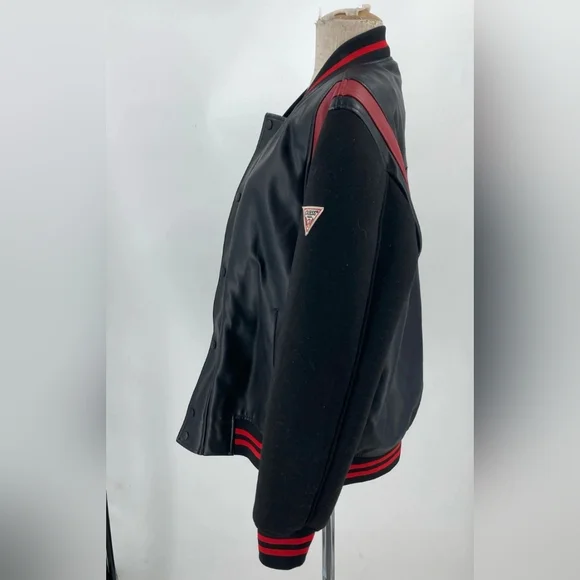 Guess Designer Leather Black and Red Bomber Men's Varsity Jacket XL